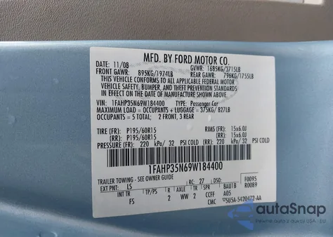 2009 Ford Focus Se из США, поврежденный, VIN 1FAHP35N69W184400